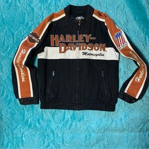 Harley-Davidson Black, orange, and White Ladies jacket.